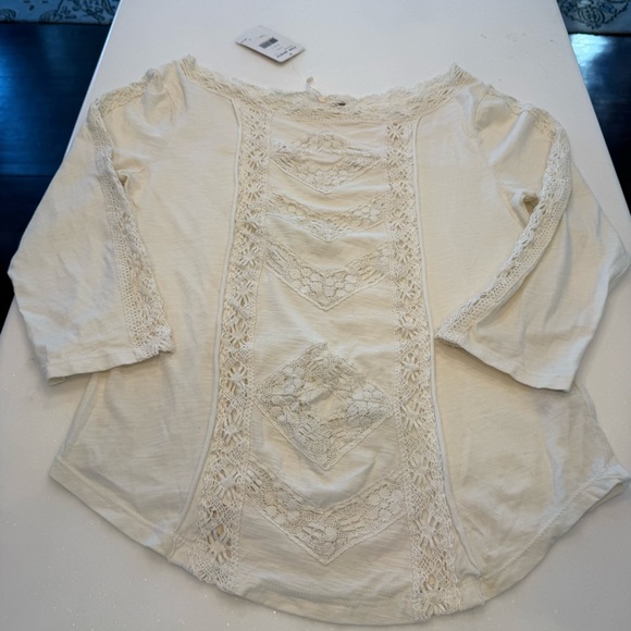 Free People Ivory Cream Lace Top 3/4 Length Sleeve Sz Large NWT - Picture 9 of 13